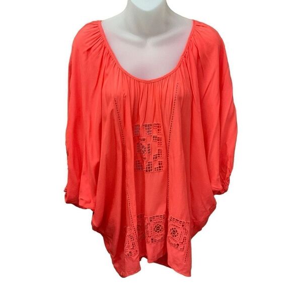 Akualani Tops - Akualani Blouse Swimsuit Coverup Coral Orange Embroidery Oversized Women Large